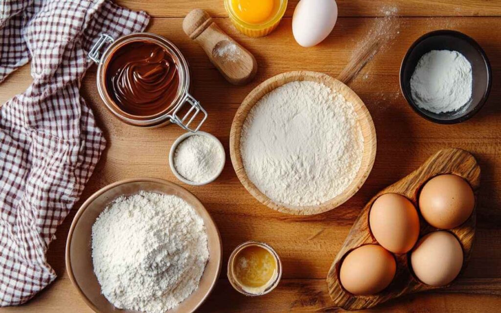 Ingrédients pour muffins Nutella disposés sur une table en bois : farine, œufs, Nutella, levure chimique, beurre fondu et un torchon à carreaux.