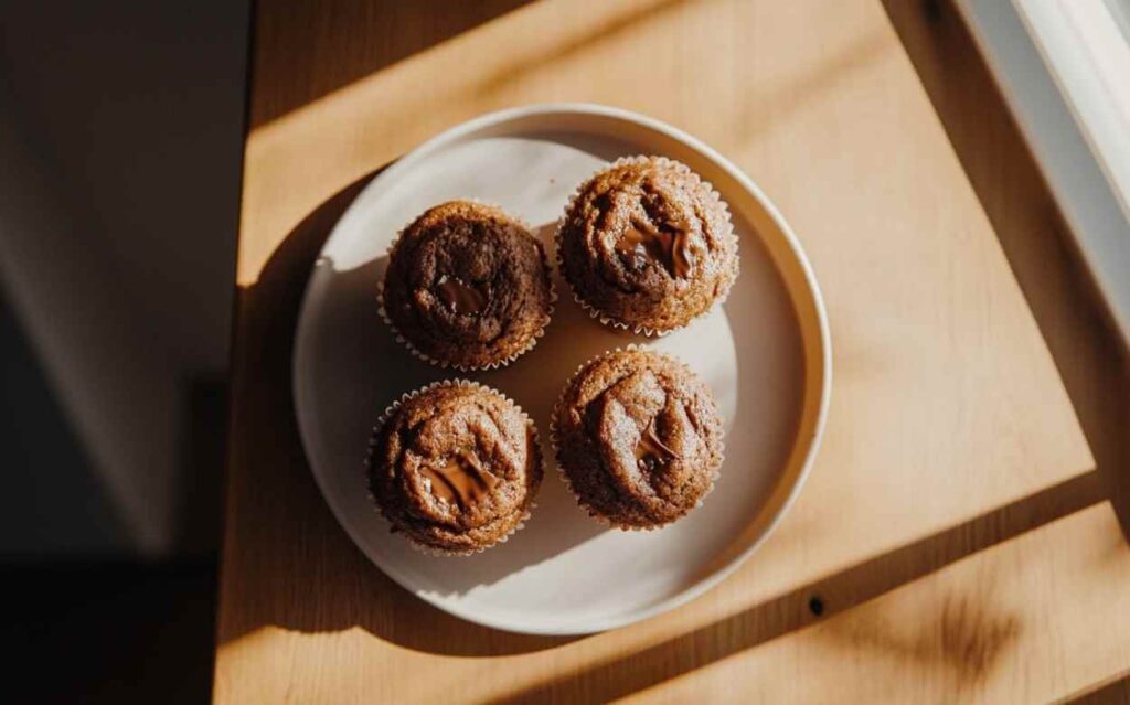 Quatre muffins au Nutella posés sur une assiette blanche, éclairés par une lumière naturelle douce, sur une table en bois clair.