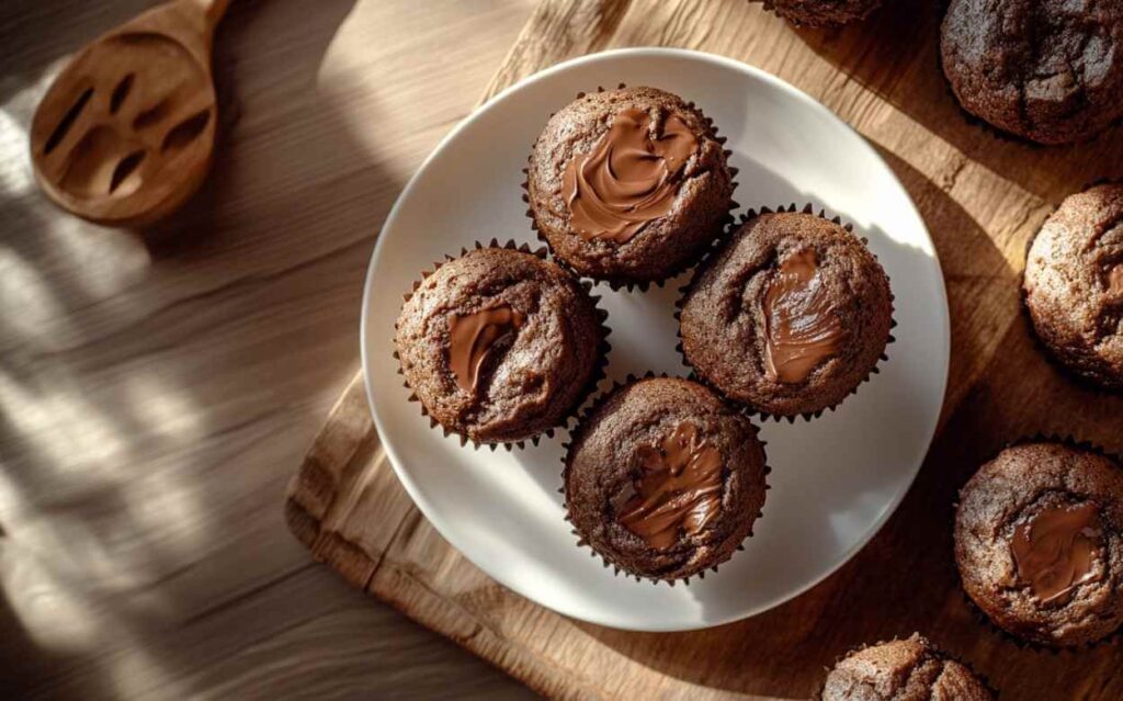 Muffins moelleux au Nutella avec un cœur fondant, présentés dans une assiette blanche sur une planche en bois, lumière naturelle.