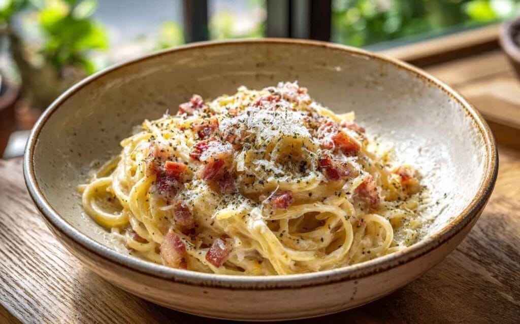 Bol de spaghetti à la carbonara avec une sauce crémeuse, morceaux de pancetta dorée, parmesan râpé et poivre noir, servi sur une table en bois près d’une fenêtre ensoleillée.