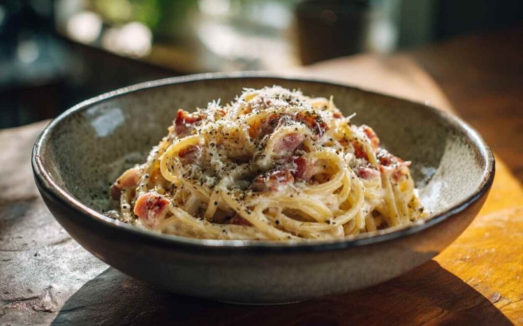 Assiette de spaghetti à la carbonara crémeuse garnie de morceaux de pancetta, parmesan râpé et poivre noir fraîchement moulu.