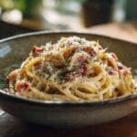 Assiette de spaghetti à la carbonara crémeuse garnie de morceaux de pancetta, parmesan râpé et poivre noir fraîchement moulu.