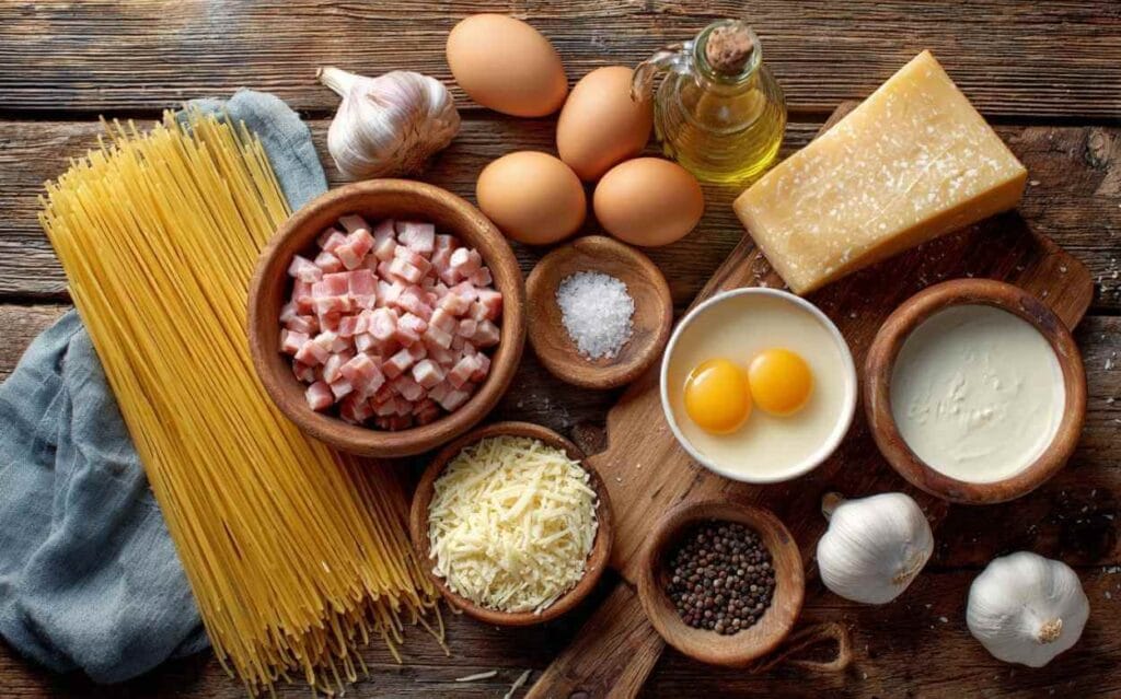 Ingrédients pour pâte carbonara disposés sur une table en bois : spaghetti crus, œufs, pancetta en dés, parmesan, crème fraîche, ail, poivre noir en grains, sel et huile d'olive.