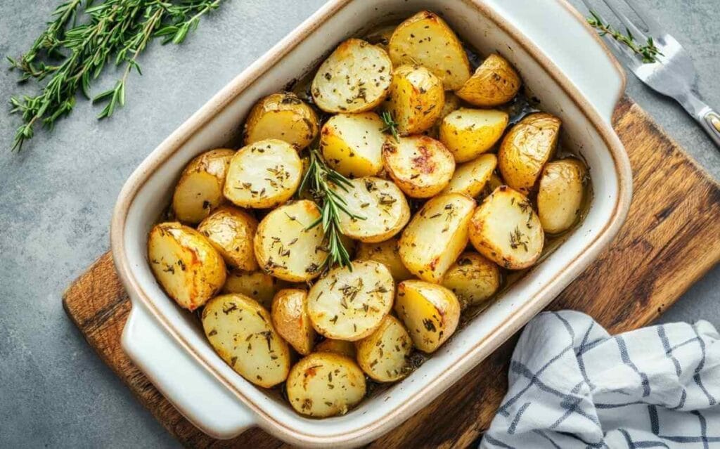 Pommes de terre grenaille rôties au four avec herbes aromatiques dans un plat en céramique, présentées sur une planche en bois.