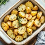 Pommes de terre grenaille rôties au four avec herbes aromatiques dans un plat en céramique, présentées sur une planche en bois.