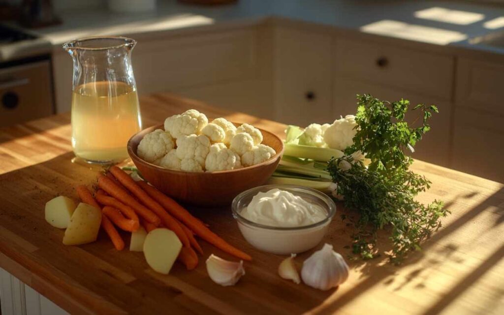 Bocal de bouillon, bol de chou-fleur en bouquets, carottes, pommes de terre coupées, céleri, crème fraîche, gousses d’ail et herbes fraîches disposés sur un plan de travail en bois, sous une lumière naturelle.