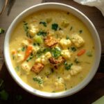 Bol de potage crémeux au chou-fleur garni de morceaux de chou-fleur, carottes, céleri, croutons dorés et persil, posé sur une planche en bois avec une branche de céleri en arrière-plan.