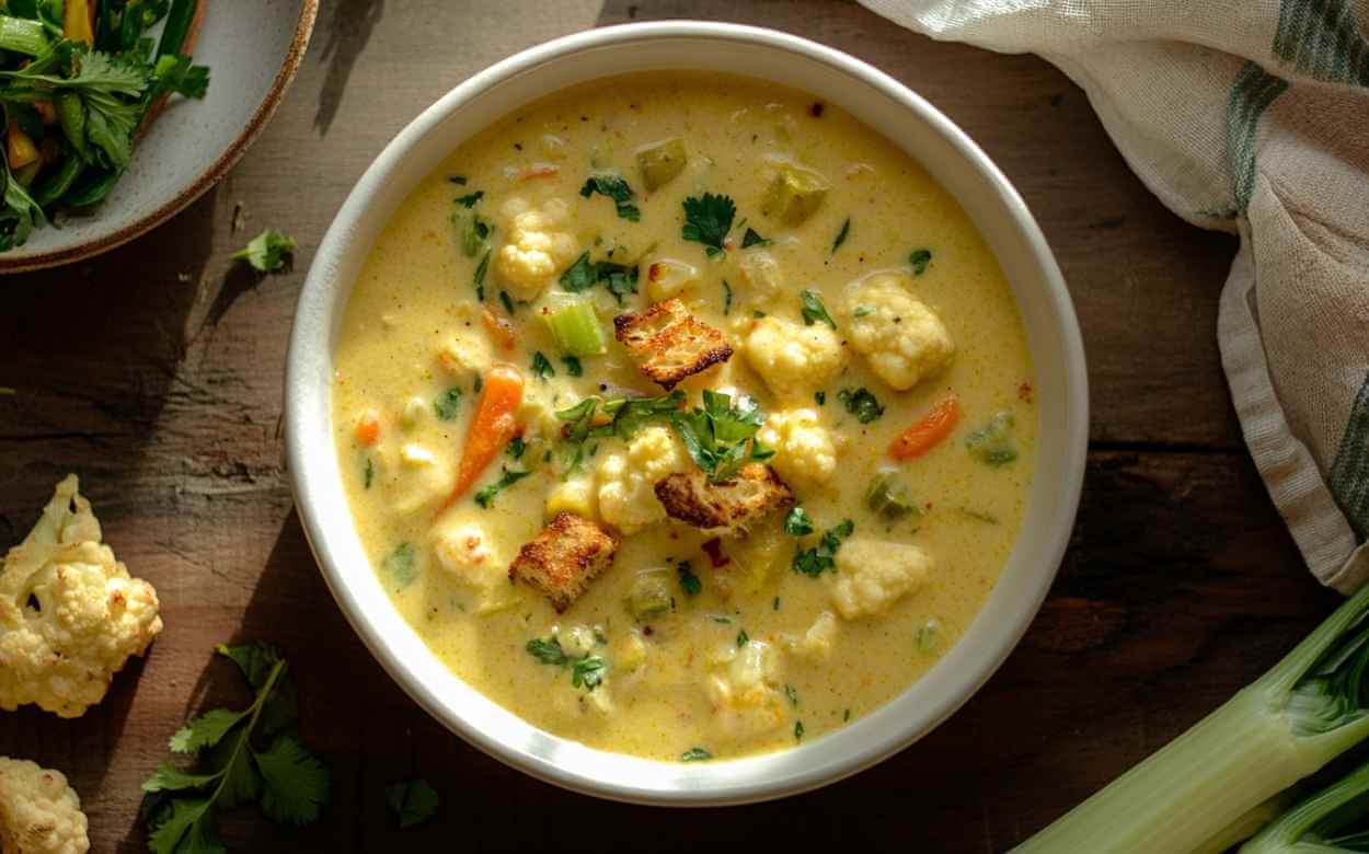 Bol de potage crémeux au chou-fleur garni de morceaux de chou-fleur, carottes, céleri, croutons dorés et persil, posé sur une planche en bois avec une branche de céleri en arrière-plan.