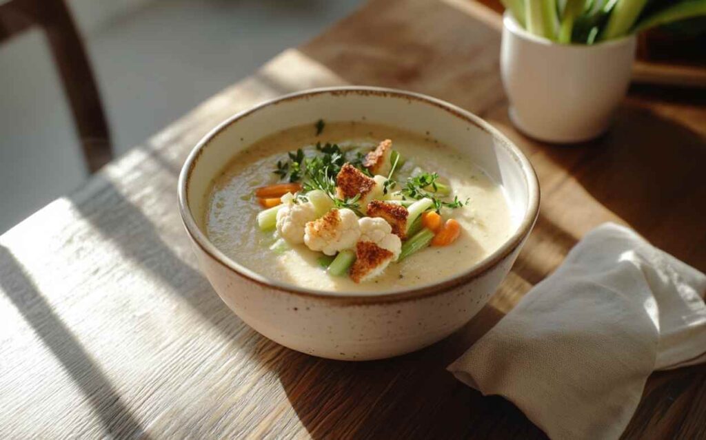 Bol de potage crémeux au chou-fleur garni de morceaux de chou-fleur rôti, bâtonnets de céleri, rondelles de carotte et herbes fraîches, posé sur une table en bois sous une lumière naturelle.