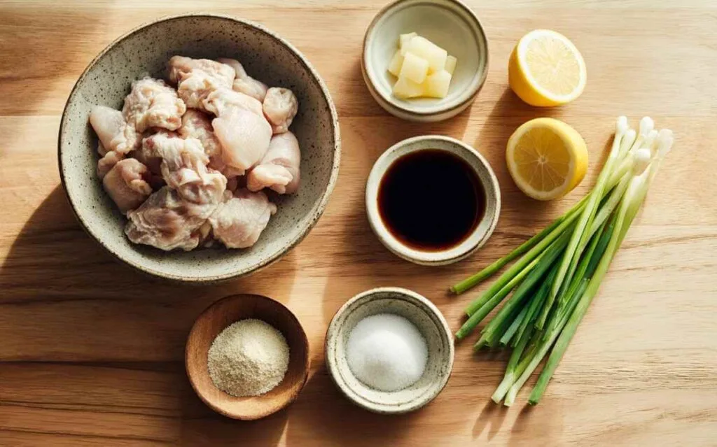 Ingrédients frais pour le poulet karaage : morceaux de poulet cru dans un bol, sauce soja, ail, citron, oignons verts, sel et épices disposés sur un plan de travail en bois.