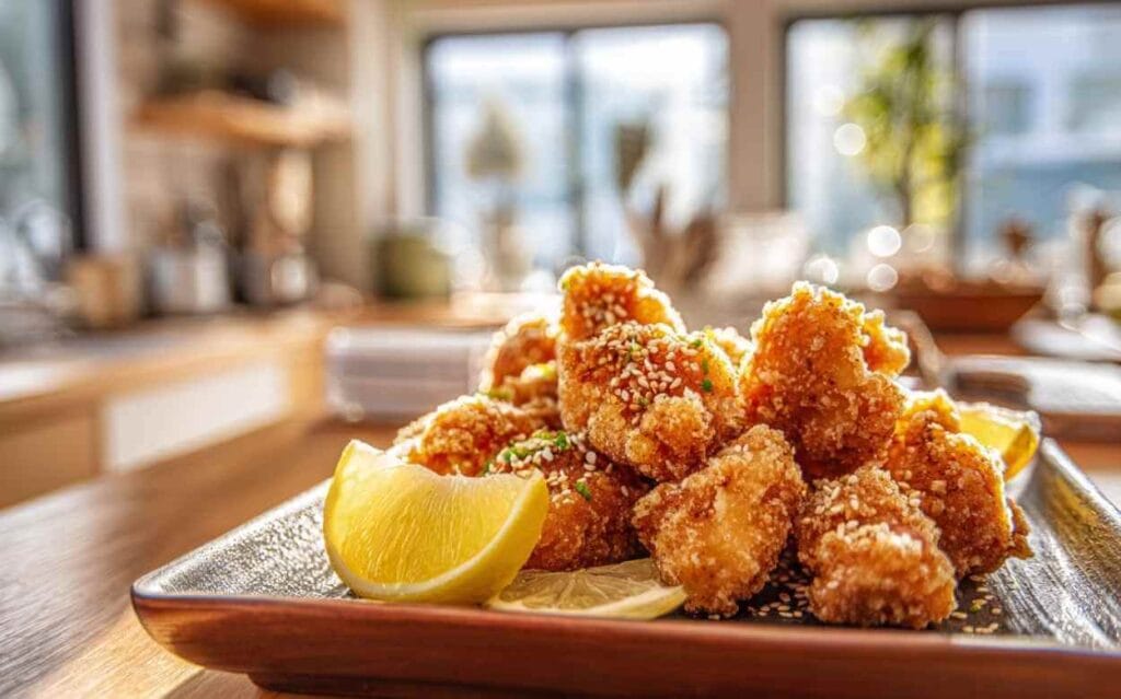 Poulet karaage croustillant garni de graines de sésame et accompagné de quartiers de citron, présenté sur une assiette rectangulaire en céramique dans une cuisine lumineuse.