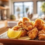 Poulet karaage croustillant garni de graines de sésame et accompagné de quartiers de citron, présenté sur une assiette rectangulaire en céramique dans une cuisine lumineuse.