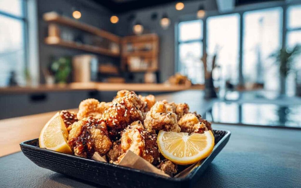 Poulet karaage croustillant saupoudré de graines de sésame, servi avec des quartiers de citron dans un plat noir, en arrière-plan une cuisine moderne floue.