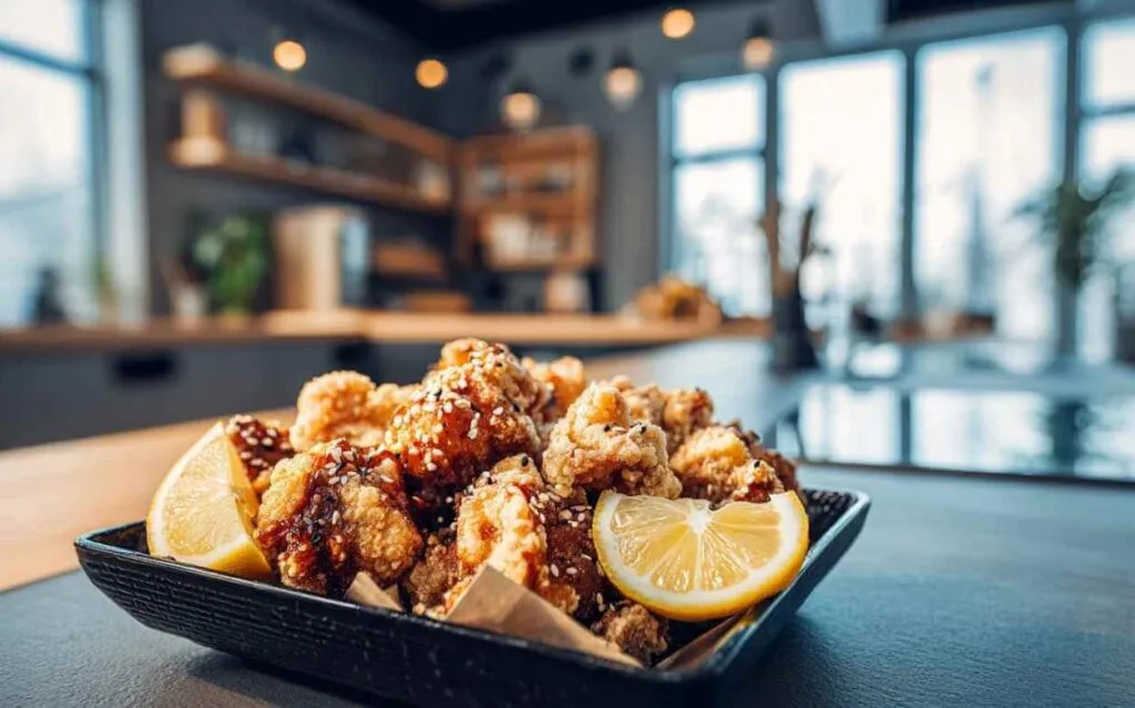 Poulet karaage croustillant saupoudré de graines de sésame, servi avec des quartiers de citron dans un plat noir, en arrière-plan une cuisine moderne floue.