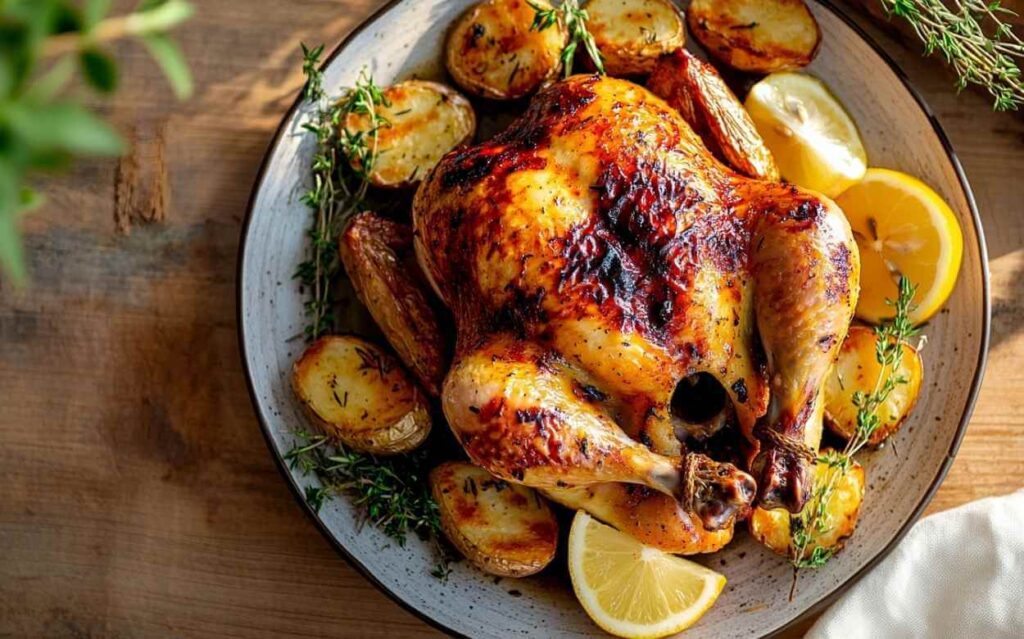 Poulet rôti portugais doré accompagné de pommes de terre rôties, tranches de citron et branches de thym, présenté dans un plat blanc sur une table en bois.