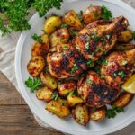 Poulet portugais rôti avec pommes de terre dorées, servi avec un quartier de citron et garni de persil frais sur une assiette blanche.