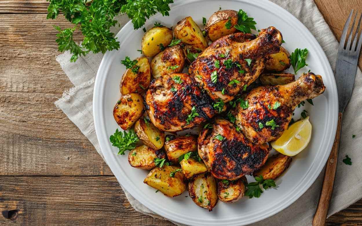 Poulet portugais rôti avec pommes de terre dorées, servi avec un quartier de citron et garni de persil frais sur une assiette blanche.