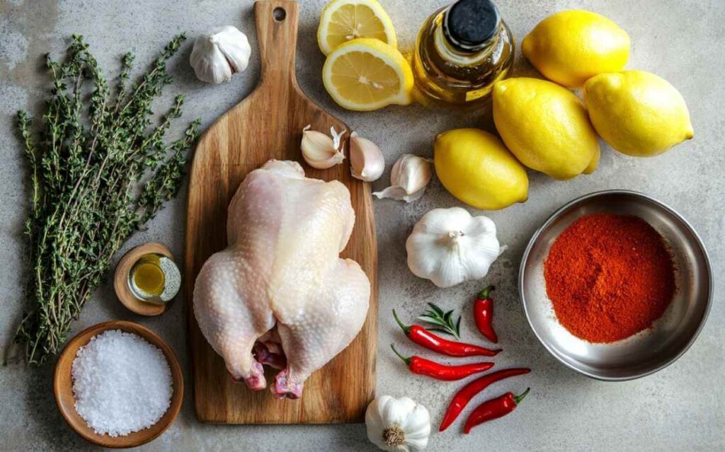 Ingrédients frais pour préparer un poulet portugais : poulet entier cru sur planche en bois, citron, ail, piments rouges, paprika en poudre, huile d’olive, thym frais, sel gros.