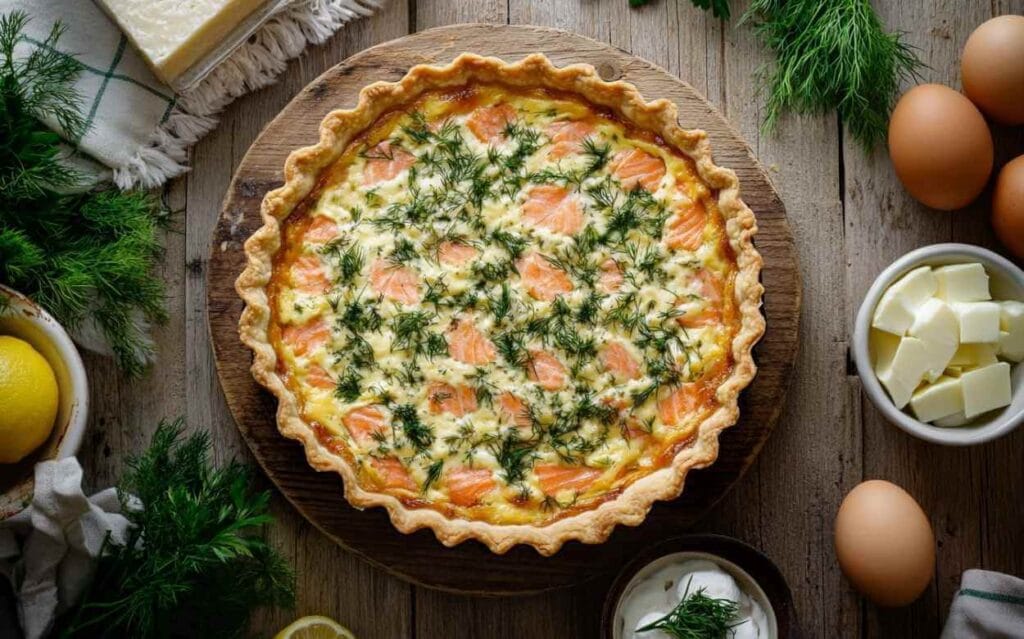 Quiche saumon Boursin garnie d’aneth frais, posée sur une planche en bois rustique entourée d’ingrédients comme œufs, beurre, citron et fromage.