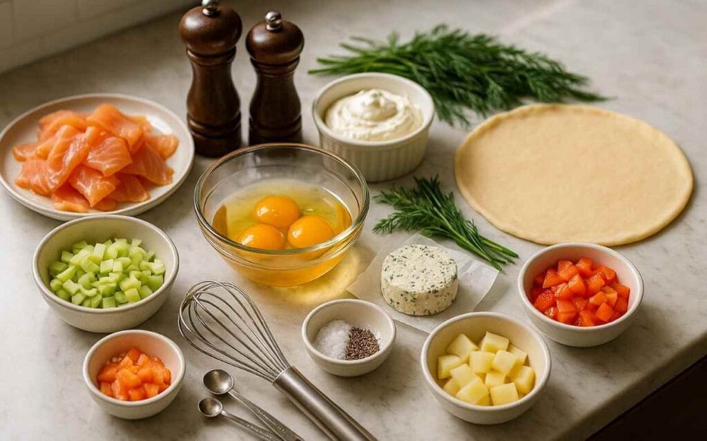 Ingrédients frais pour une quiche saumon Boursin disposés sur un plan de travail en marbre dans une cuisine moderne et lumineuse.