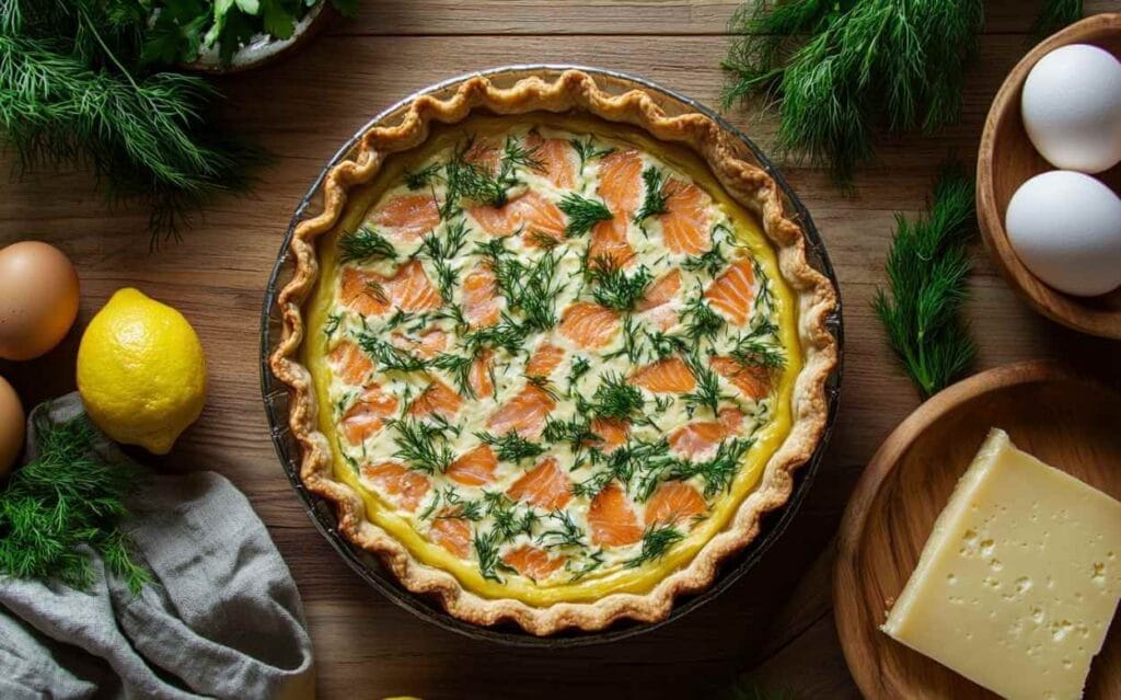 Quiche saumon Boursin dorée et garnie d’aneth frais, présentée sur une table en bois entourée d’ingrédients frais comme œufs, citron, fromage et herbes.