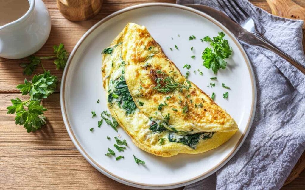 Omelette aux épinards garnie de fines herbes, servie dans une assiette blanche sur une table en bois avec une tasse et des herbes fraîches à côté.