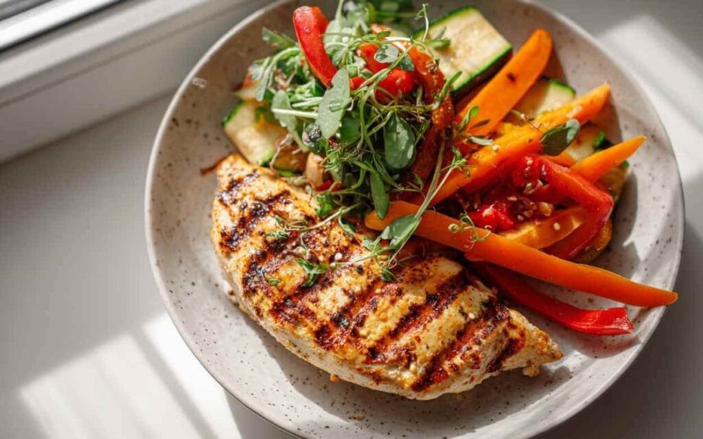 Filet de poulet grillé accompagné de légumes croquants (carottes, poivrons, courgettes) et de pousses d’herbes fraîches, présenté dans une assiette blanche.