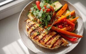 Filet de poulet grillé accompagné de légumes croquants (carottes, poivrons, courgettes) et de pousses d’herbes fraîches, présenté dans une assiette blanche.