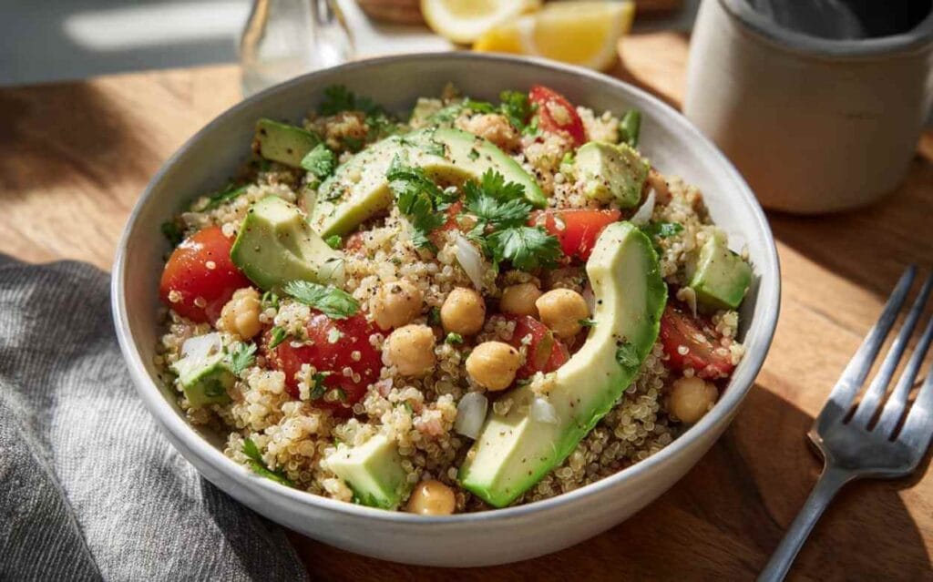 Salade protéinée de quinoa avec pois chiches, avocat, tomates cerises et herbes fraîches dans un bol blanc sur une table en bois.
