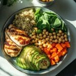 Bol repas protéinés avec poulet grillé, quinoa, pois chiches, avocat tranché, épinards frais et patates douces, vu de haut dans une cuisine moderne ensoleillée.