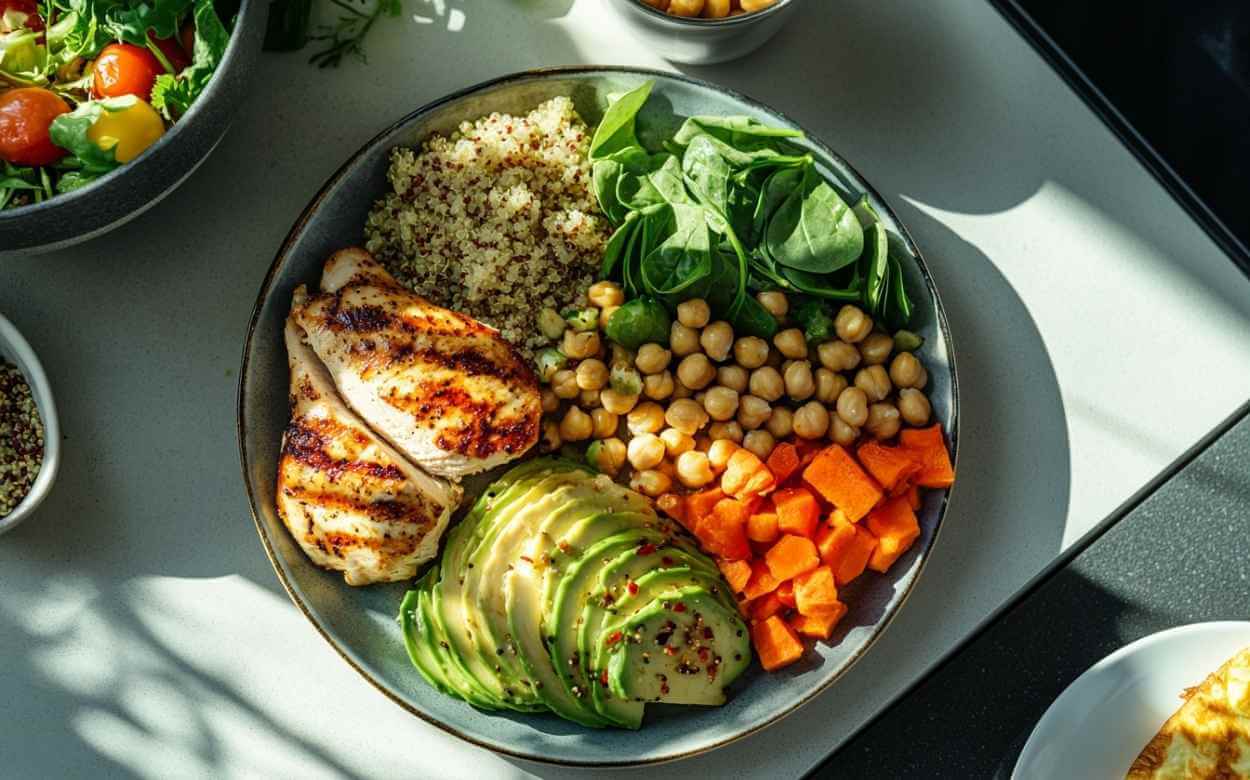 Bol repas protéinés avec poulet grillé, quinoa, pois chiches, avocat tranché, épinards frais et patates douces, vu de haut dans une cuisine moderne ensoleillée.