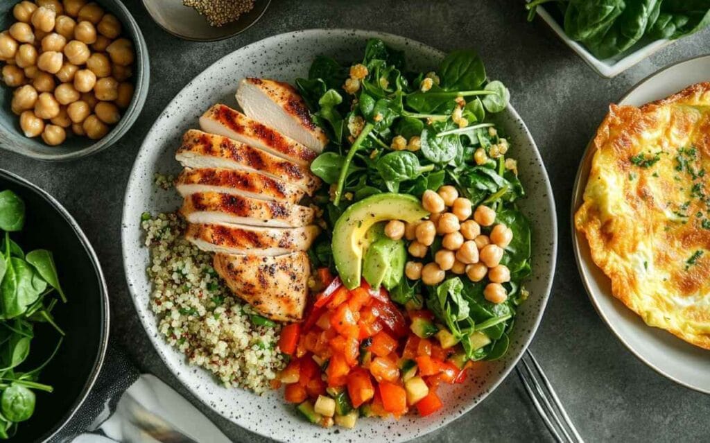 Bol repas protéinés avec poulet grillé tranché, quinoa, salade d’épinards, pois chiches, avocat et légumes rouges, accompagné d’une omelette aux herbes.