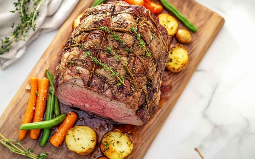 Rôti de bœuf bien doré et tranché, entouré de pommes de terre rôties, carottes et haricots verts, présenté sur une planche en bois avec des brins de thym frais.