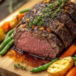 Rôti de bœuf cuit à point, tranché, accompagné de pommes de terre rôties, carottes et haricots verts, présenté sur une planche en bois avec des herbes aromatiques.