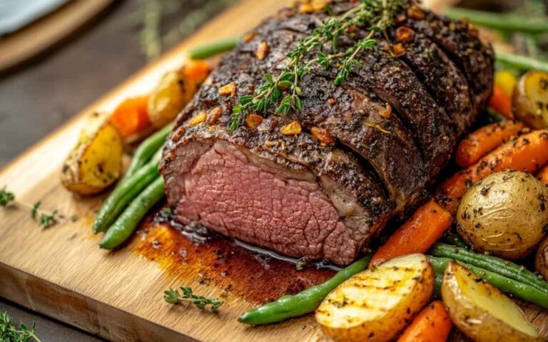 Rôti de bœuf cuit à point, tranché, accompagné de pommes de terre rôties, carottes et haricots verts, présenté sur une planche en bois avec des herbes aromatiques.