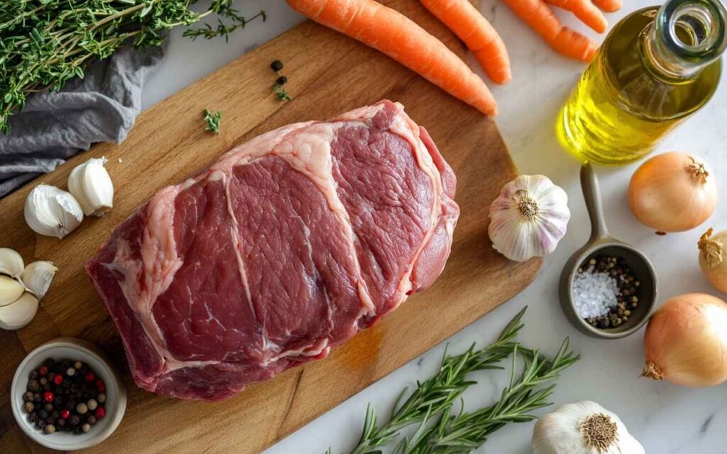 Pièce de viande de bœuf crue posée sur une planche en bois, entourée de carottes, gousses d’ail, oignons, herbes aromatiques, poivre en grains, sel et huile d’olive.