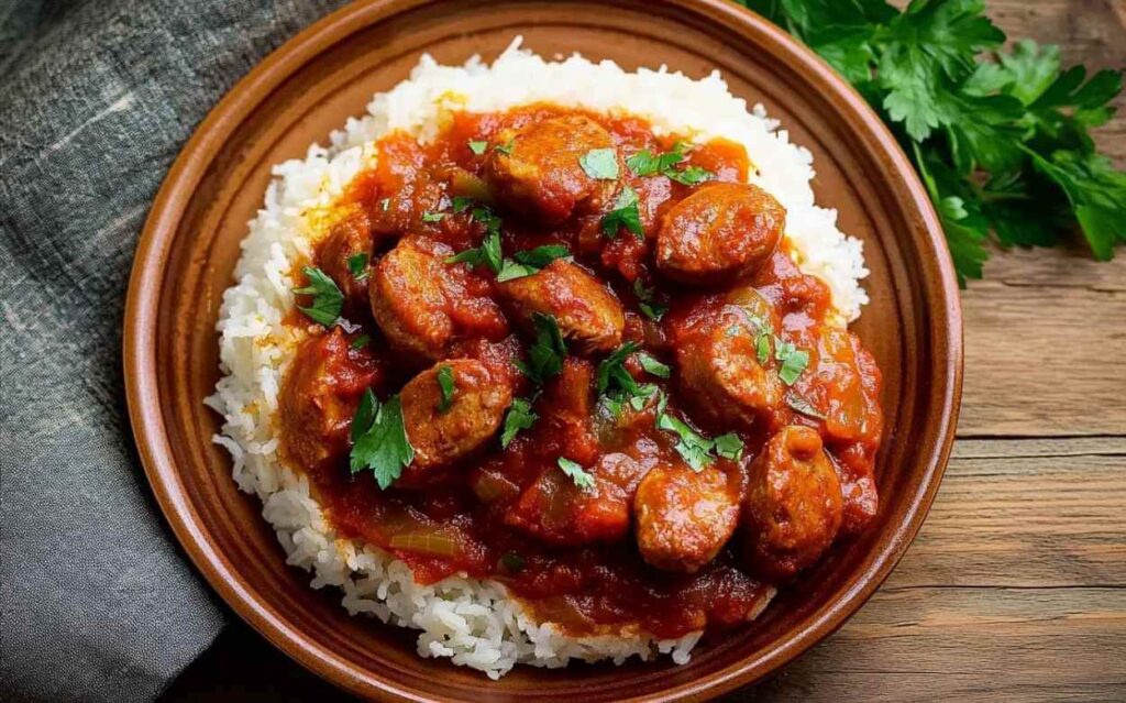 Assiette de rougail saucisse créole accompagnée de riz blanc, garnie de persil frais, présentée sur une table en bois avec un linge gris à côté.