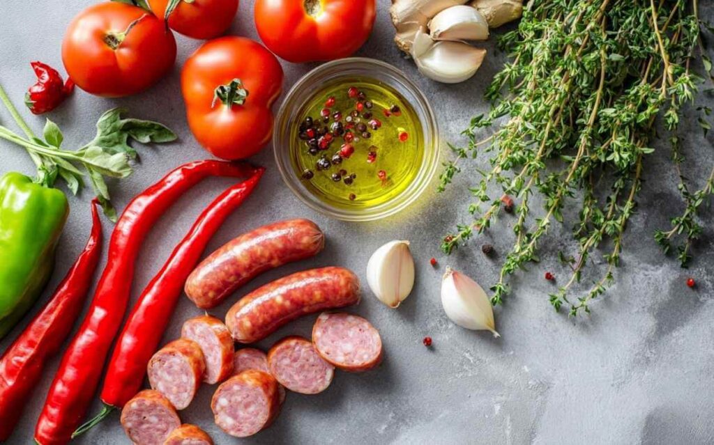 Ingrédients frais pour rougail saucisse : tomates, piments rouges, poivron vert, saucisses fumées tranchées, gousses d’ail, huile d’olive aux baies, thym frais et gingembre, disposés sur un plan de travail gris.