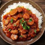 Plat de rougail saucisse traditionnel servi avec du riz blanc dans une assiette en céramique, décoré de feuilles de persil frais sur une table en bois.