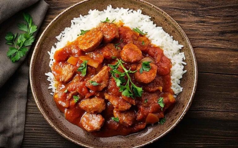 Plat de rougail saucisse traditionnel servi avec du riz blanc dans une assiette en céramique, décoré de feuilles de persil frais sur une table en bois.