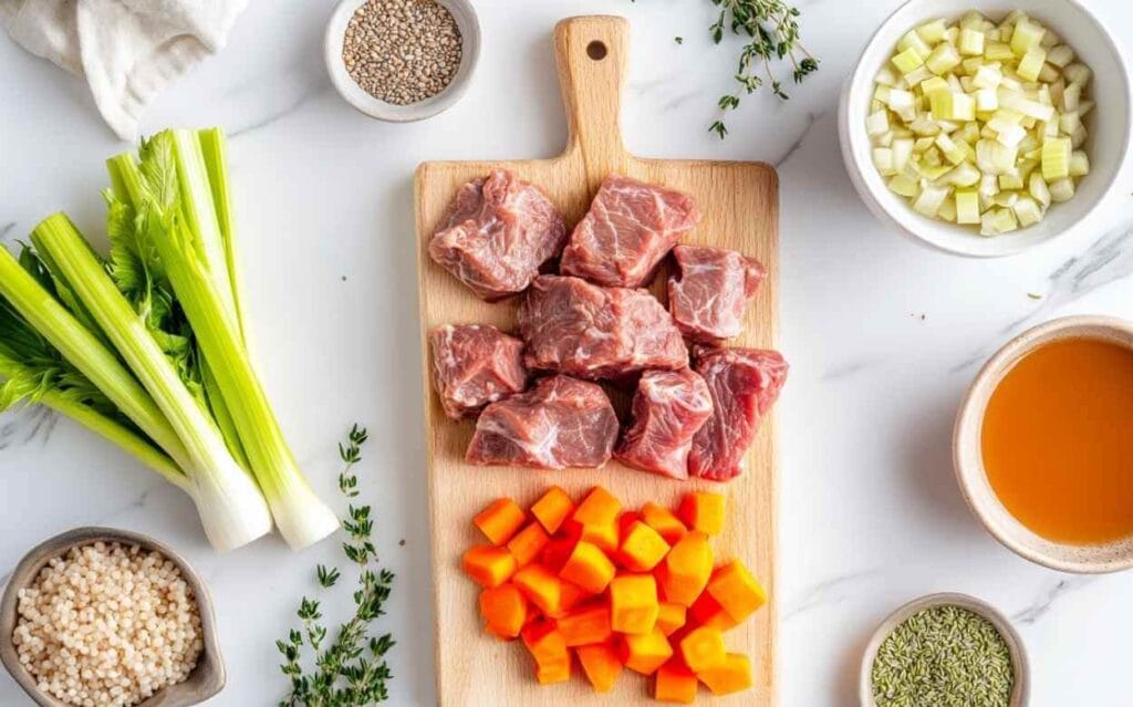 Ingrédients crus pour soupe bœuf et orge disposés sur une planche en bois et bols blancs : morceaux de viande de bœuf, dés de carottes, céleri, orge perlé, herbes fraîches, bouillon et graines d’anis.