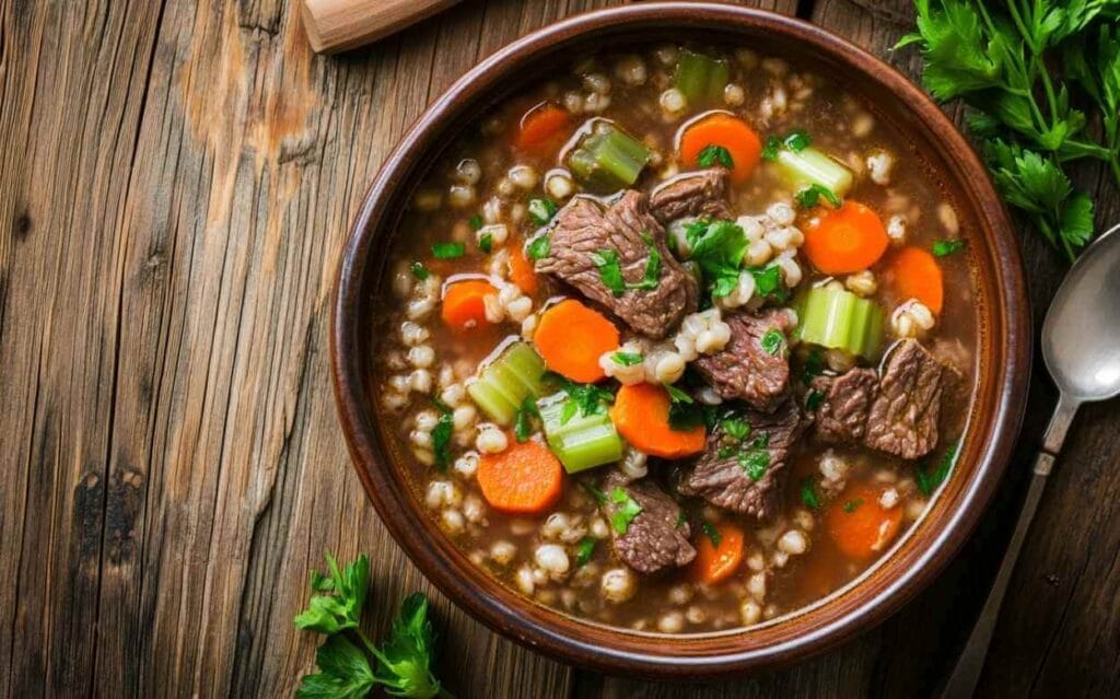 Bol de soupe bœuf et orge avec morceaux de viande, carottes, céleri et persil frais, présenté sur une table en bois rustique avec une cuillère à côté.