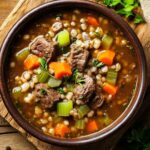 Bol de soupe bœuf et orge avec morceaux de viande, carottes, céleri et herbes fraîches, présenté sur une planche en bois rustique avec une cuillère en métal à côté.