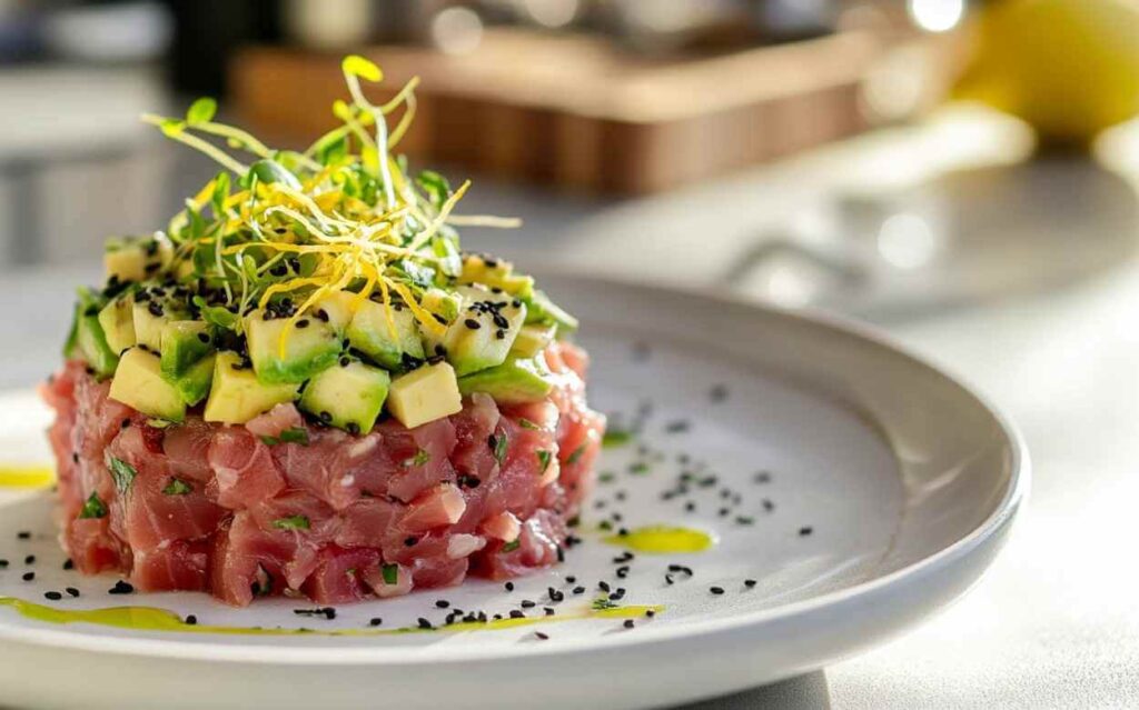 Tartare de thon frais et avocat coupé en dés, joliment dressé en cercle sur une assiette blanche, garni de pousses et graines de sésame noir, avec un filet d'huile d'olive, en arrière-plan cuisine lumineuse.