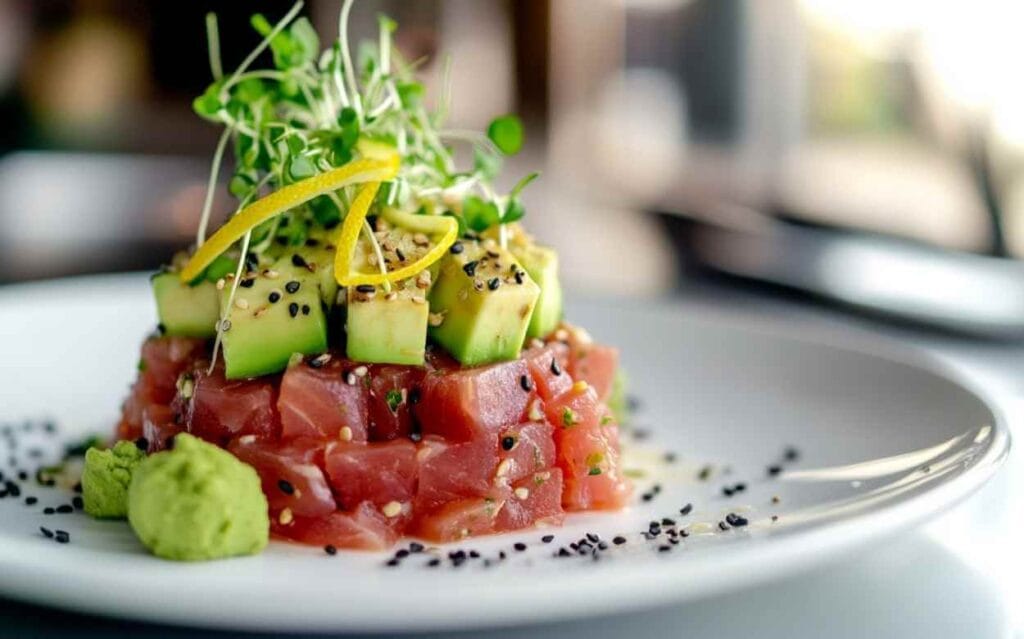 Tartare de thon frais et avocat coupés en dés, décoré de zestes de citron et de pousses fraîches, accompagné d’une pointe de wasabi, présenté sur une assiette blanche avec des graines de sésame noir.