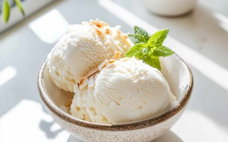 Boules de glace à la noix de coco dans un bol en céramique, garnies de copeaux de noix de coco grillés et décorées d’une feuille de menthe fraîche, sur une table lumineuse.