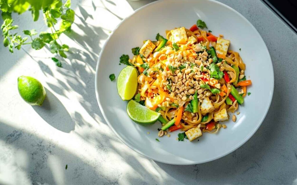 Plat de Pad Thaï végétarien coloré avec nouilles de riz, cubes de tofu grillé, légumes variés, cacahuètes concassées et quartiers de citron vert, présenté dans une assiette blanche sur un plan de travail lumineux avec herbes fraîches à proximité.