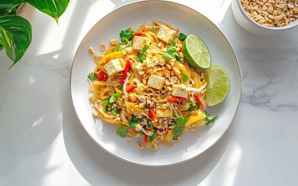 Assiette de Pad Thaï végétarien avec nouilles de riz, cubes de tofu, cacahuètes concassées, coriandre fraîche, morceaux de piment rouge et quartiers de citron vert, sur une table blanche en lumière naturelle.