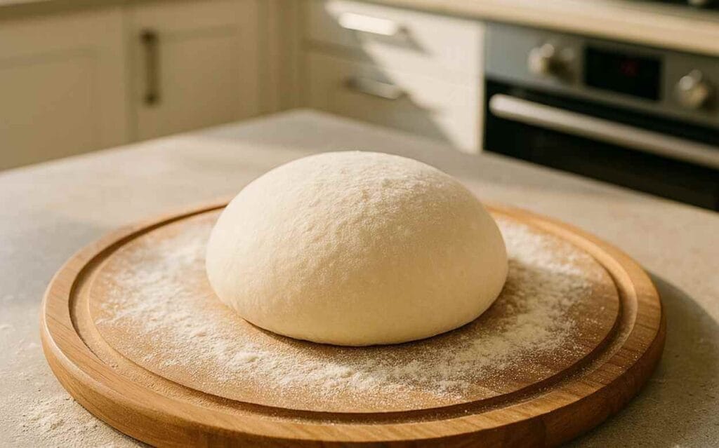 Boule de pâte à pizza maison levée sur une planche en bois, saupoudrée de farine, dans une cuisine moderne lumineuse.