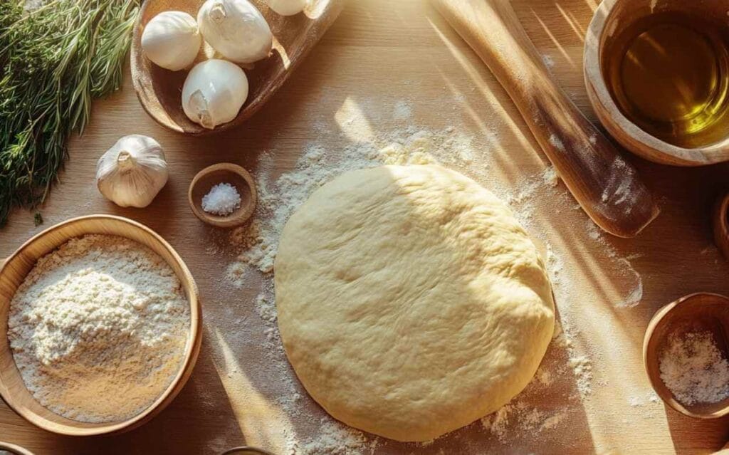 Pâte à pizza maison étalée sur un plan de travail en bois, entourée d’ingrédients frais comme de la farine, des gousses d’ail, des herbes aromatiques, de l’huile d’olive et du sel, dans une ambiance lumineuse.